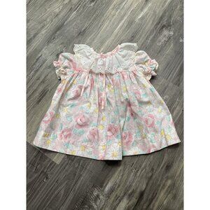 Vintage Girls Dress 12 Months Party Floral Pink Blue Bib Lace Flower 80s 90s